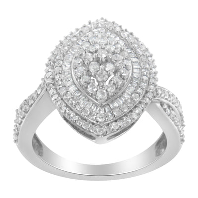 .925 Sterling Silver Round & Baguette Diamond Halo Cocktail Ring - Size 7