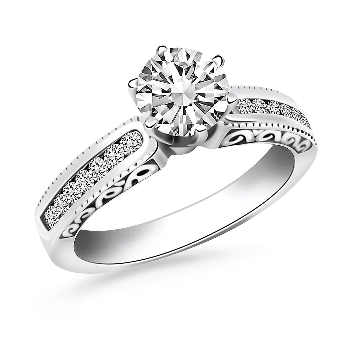 Anillo de Compromiso de Oro Blanco de 14k con Diseño Canal y Lados Grabados