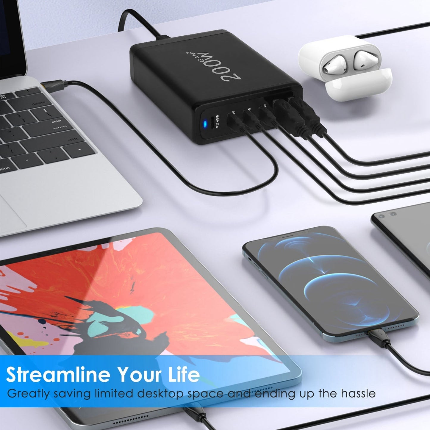 200W Fast Wall Charger with 6 Ports - Premium USB Charging Station