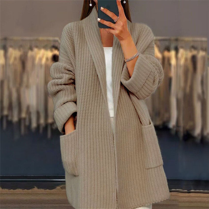 Lapel Knitted Cardigan with Pockets - Casual Women's Sweater