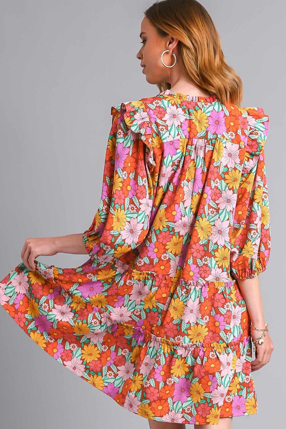 Vestido de Mujer con Estampado de Flores y Cuello con Lazo