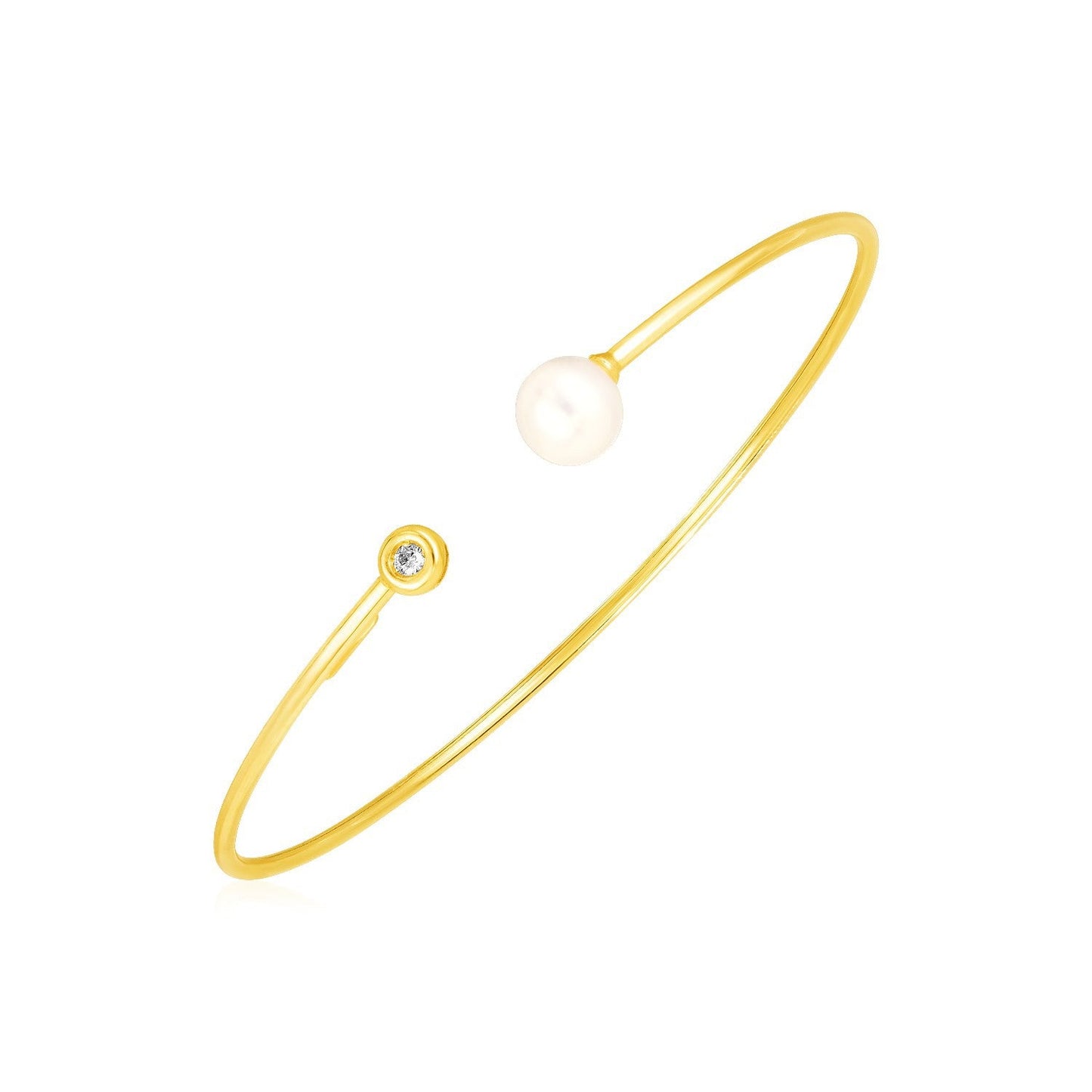 Brazalete Cuff de Oro Amarillo de 14k con Perla y Diamante