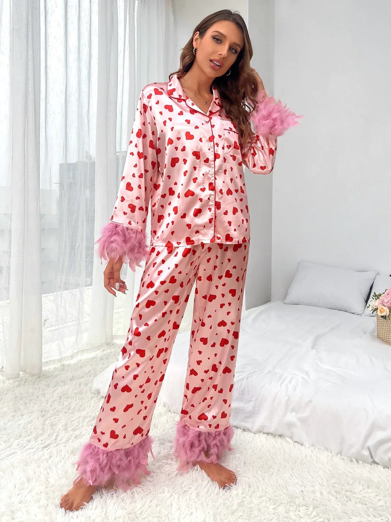 Pijamas Casuales con Estampado de Corazón para Mujeres