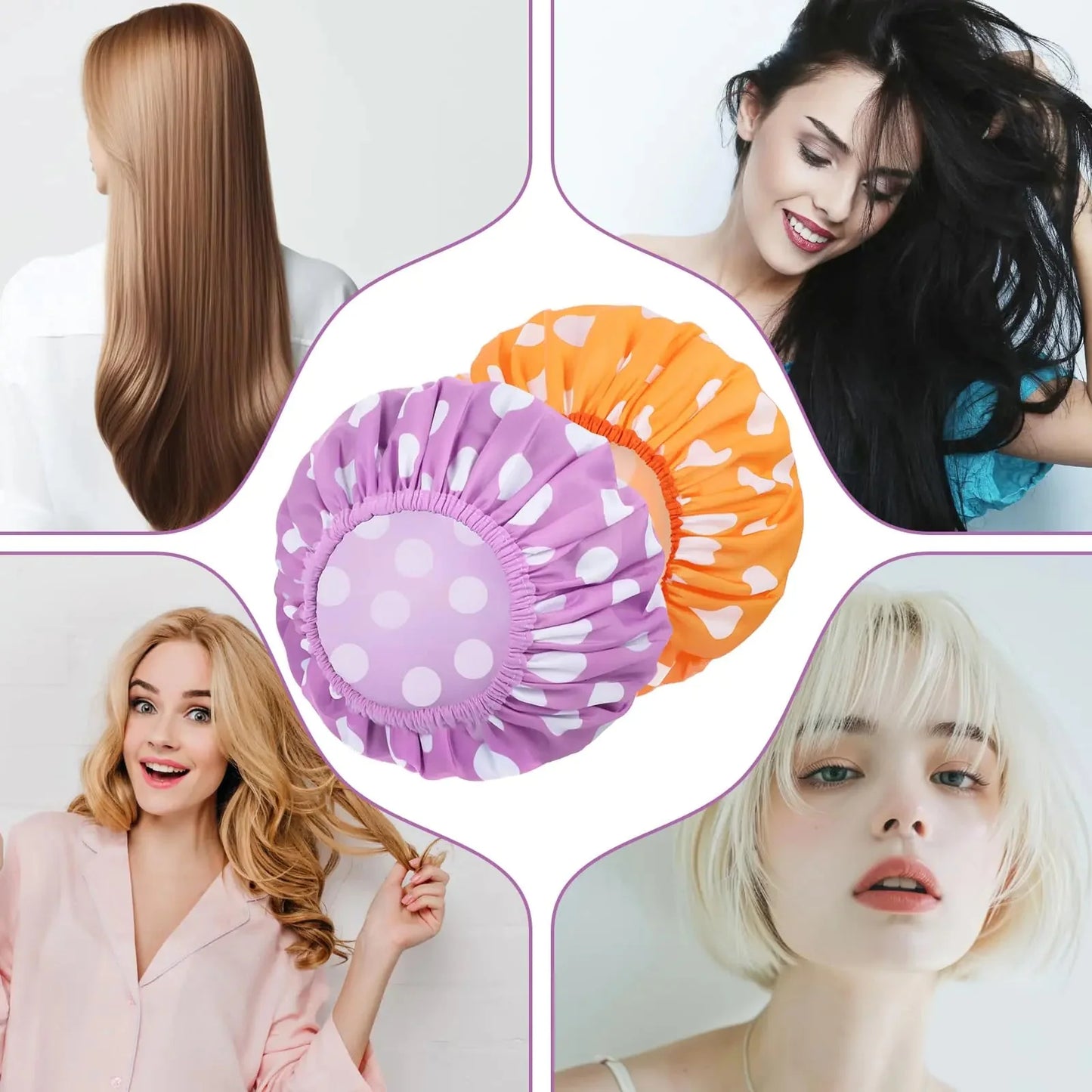 Gorros de Ducha Reutilizables Grandes para Mujeres - Paquete de 2 (Púrpura/Naranja)
