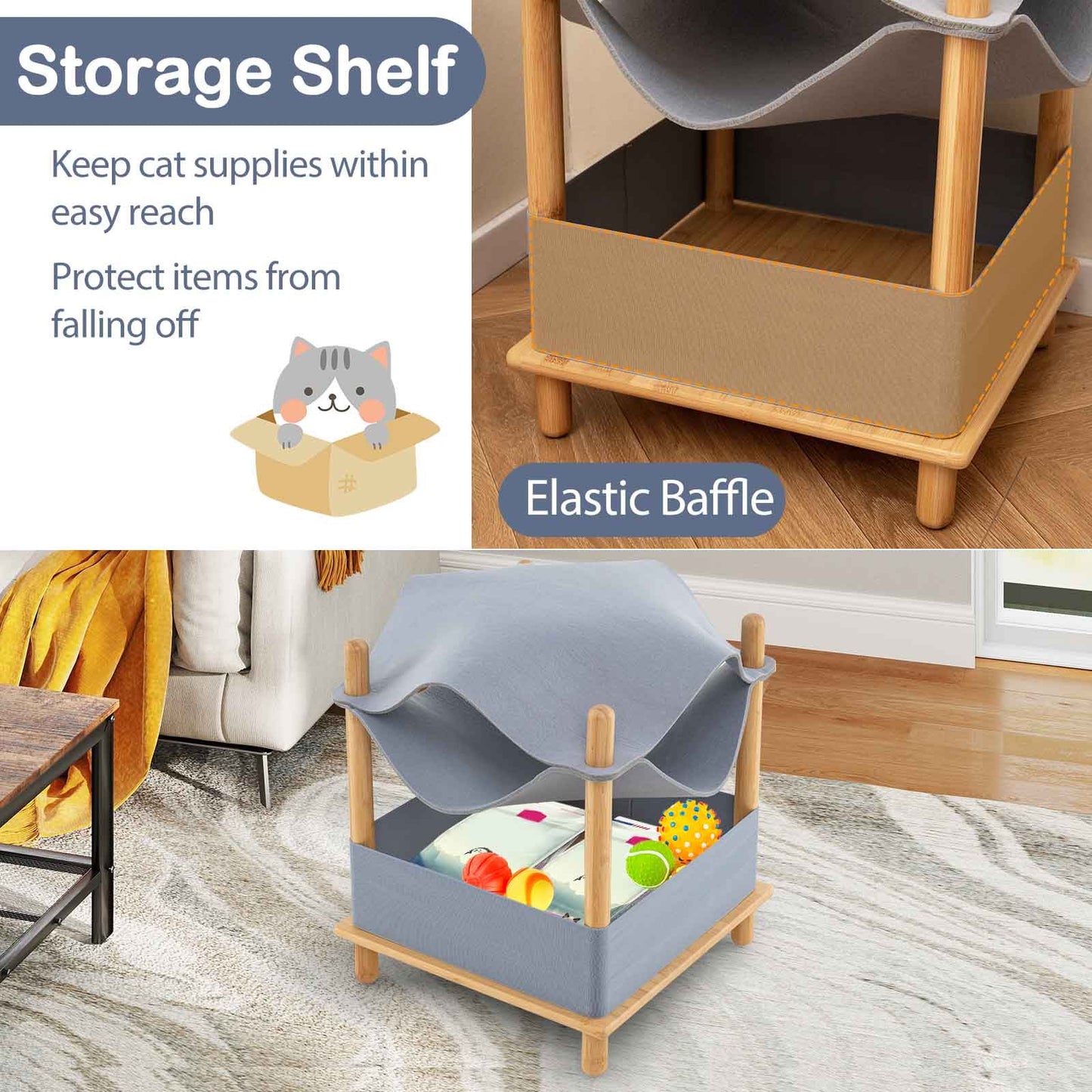 Casa para Gatos de Madera de 2 Niveles con Condominio Semi-Cerrado - Gris