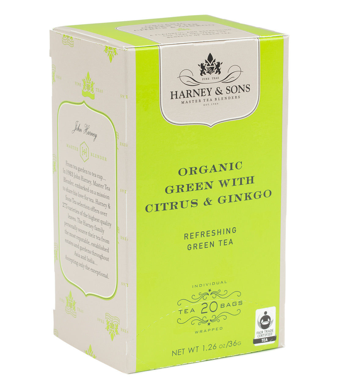 Thé vert bio avec agrumes et ginkgo, 20 sachets de thé premium