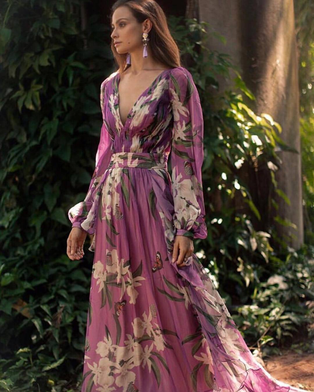 Winter New Style V-Neck Long Sleeve Four-Way Stretch Printed Flared Dress - Korvel