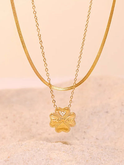 2 Piece 18K Gold-Plated Inlaid Zircon Lucky Clover Necklace - Korvel