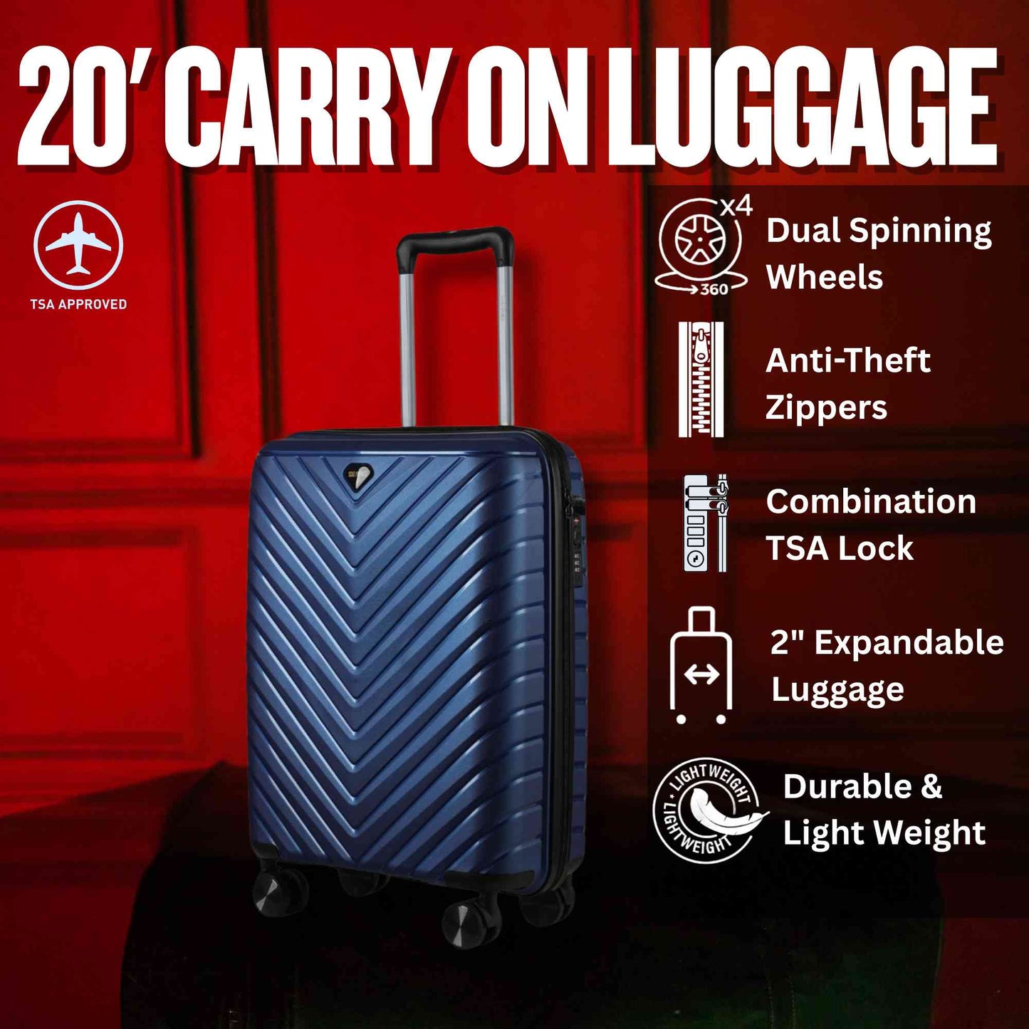 Compact 20-Inch Blue Hardcase Spinner Luggage with 360° Mobility - Korvel