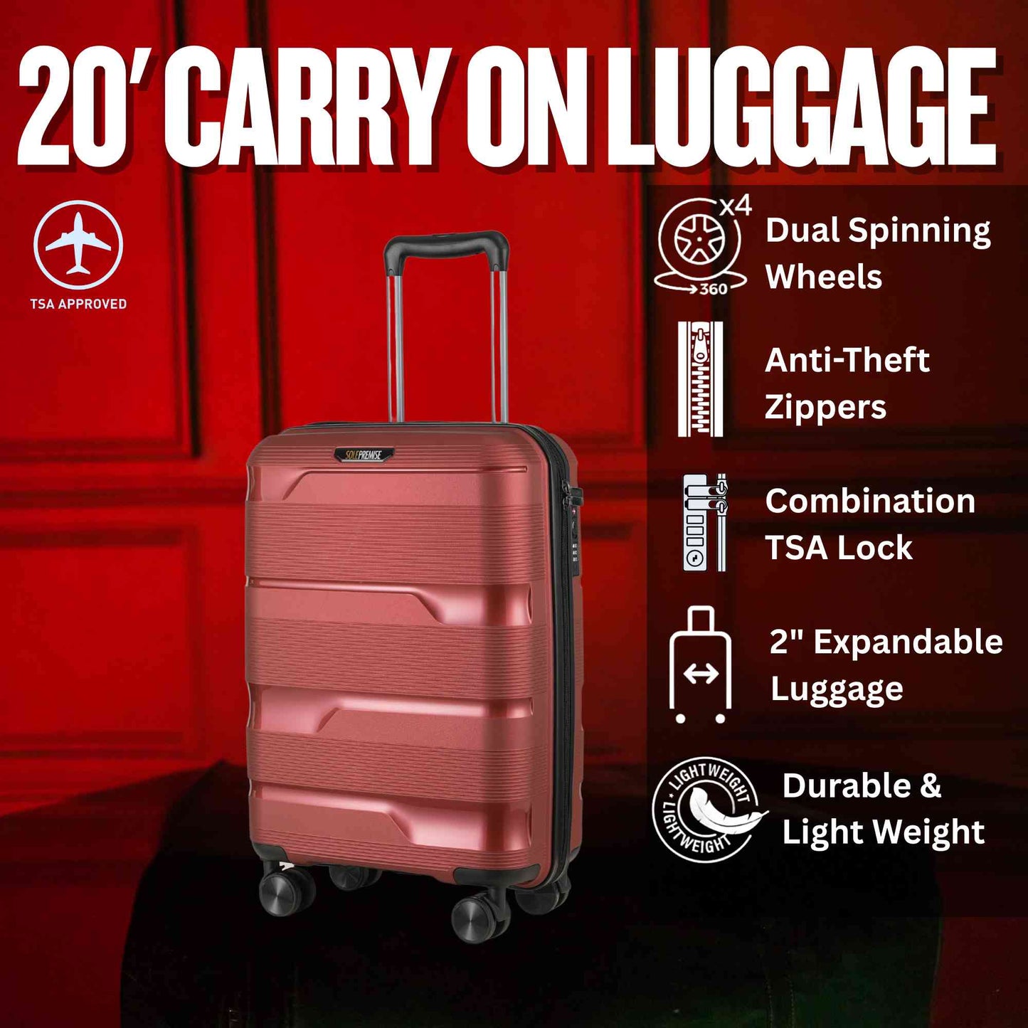20-Inch Vibrant Red Spinner Carry-On Luggage with 360° Mobility - Korvel