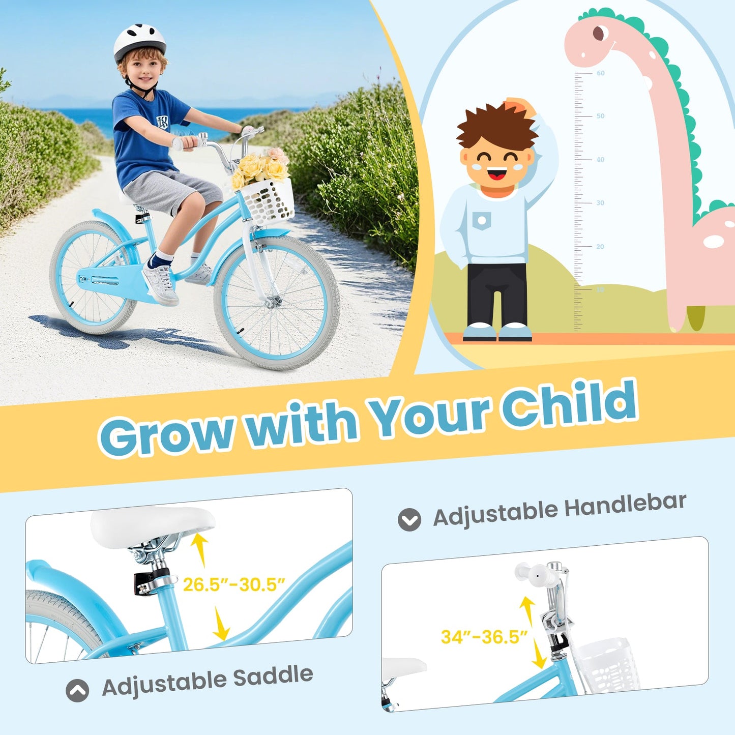 Vélo pour enfants de 20 pouces avec freins doubles et siège réglable