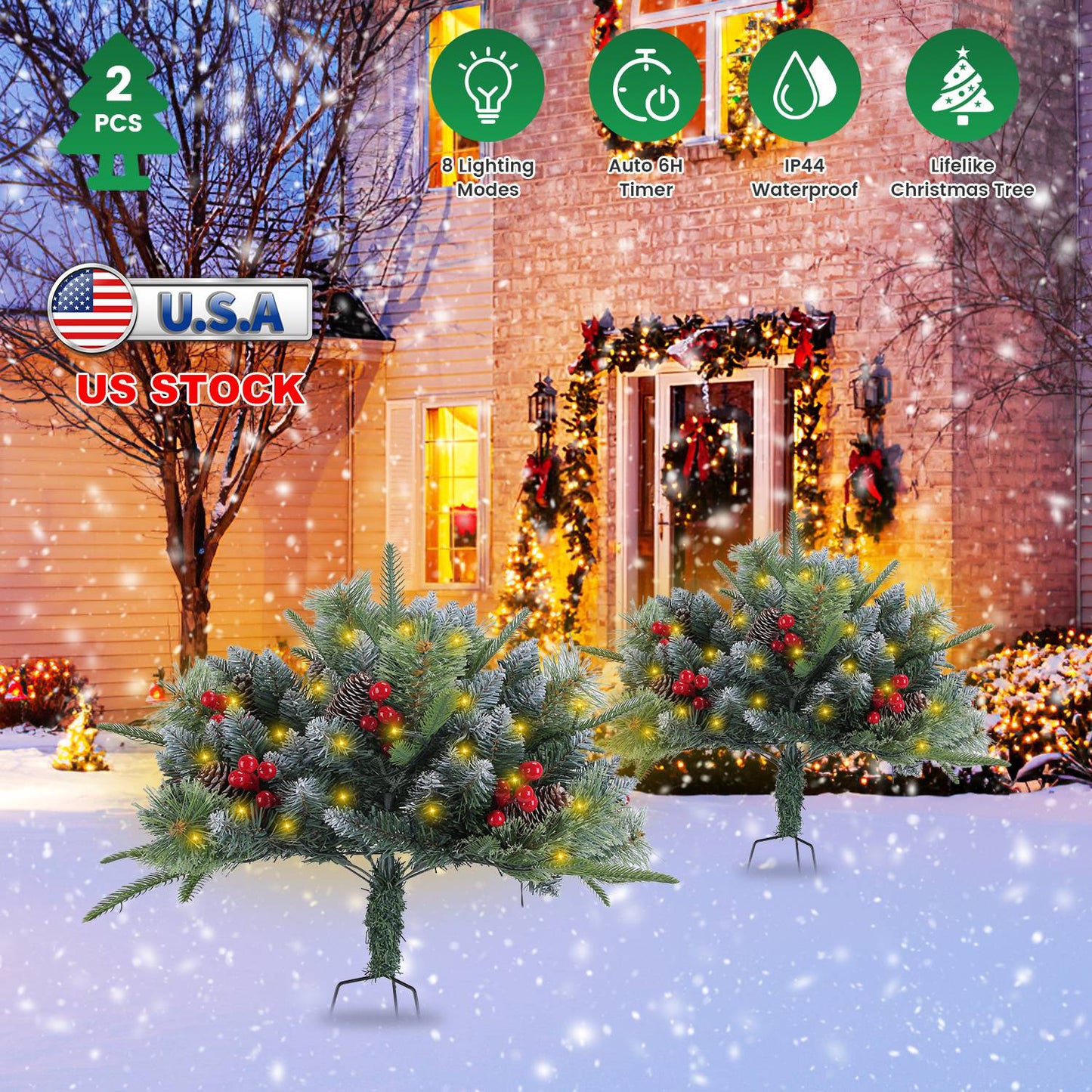 2Pcs Lighted Christmas Tree Urn Filler with Pine Cones & Berries