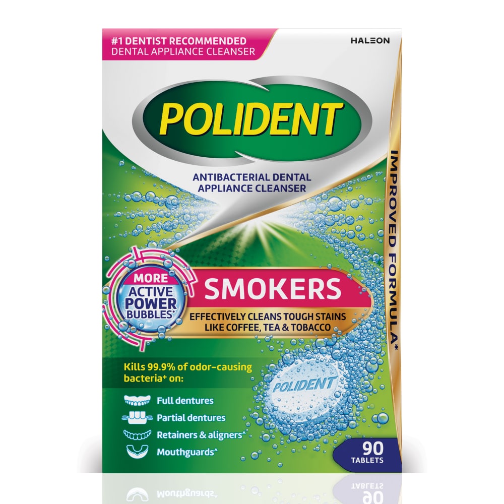 Tabletas Limpiadoras Antibacterianas para Aparatos Dentales Polident para Fumadores