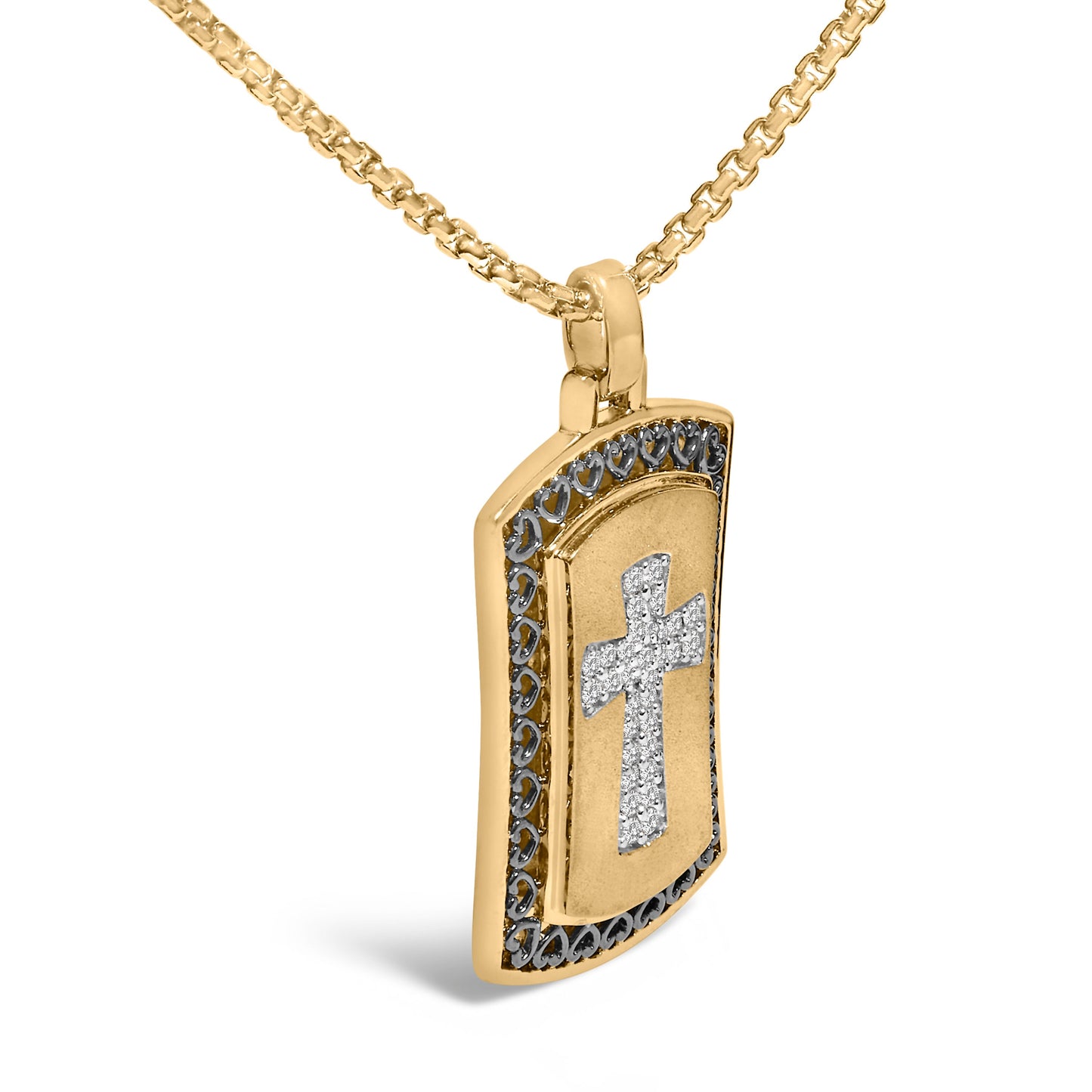 Pendentif en forme de plaque militaire en argent sterling plaqué or jaune 14K avec croix en diamant