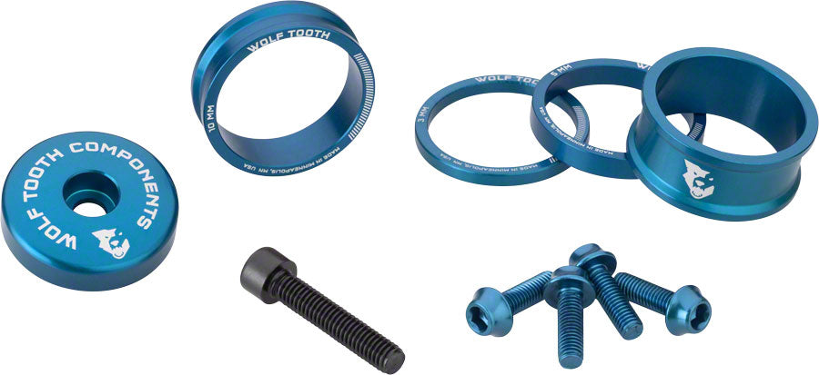 Wolf Tooth BlingKit : Kit d'entretoises de jeu de direction 3 510 15mm Bleu