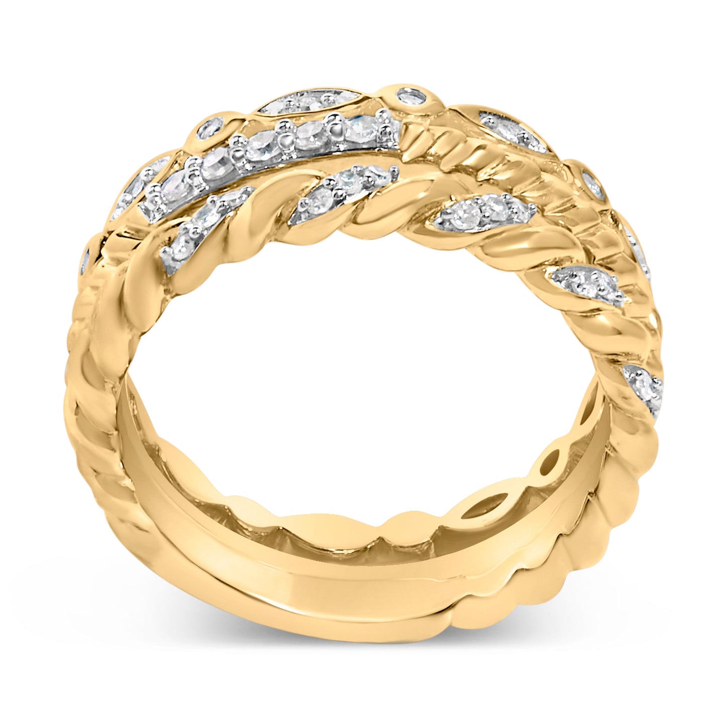 14K Yellow Gold Plated Sterling Silver Diamond Twist Leaf Ring Set