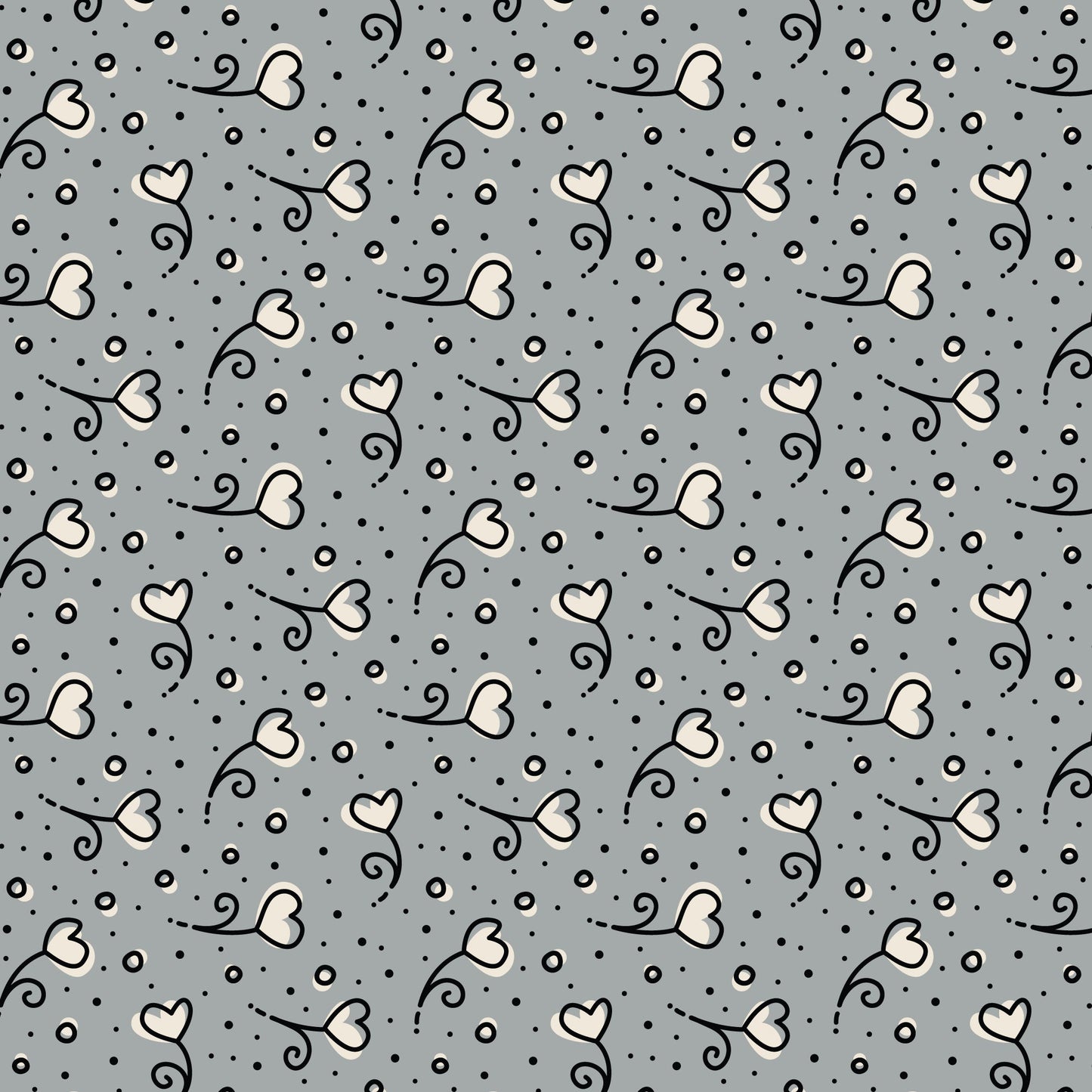Gray Heart Blossoms Love Ink Cotton Fabric - 44"/45" Per Yard