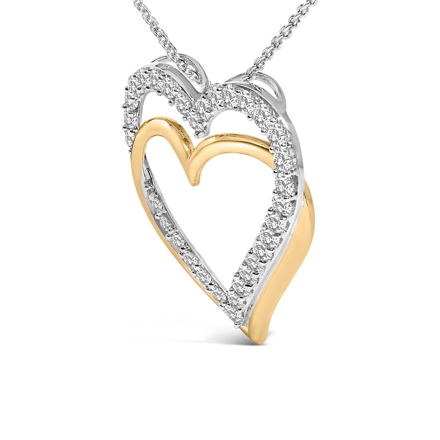 14K Yellow Gold Plated Diamond Double Heart Pendant Necklace