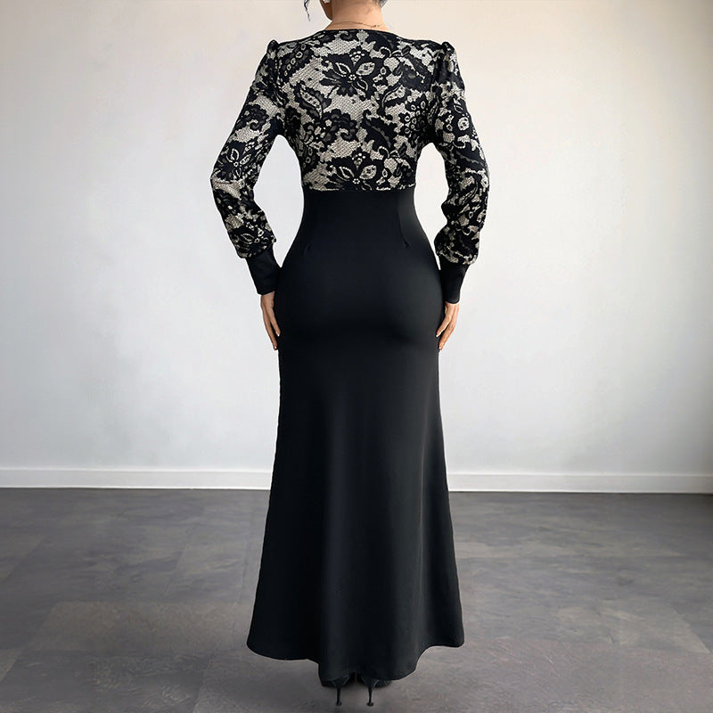 Sexy Retro Lace Splicing Long Sleeve V-neck Dress for Evening and Date - Korvel