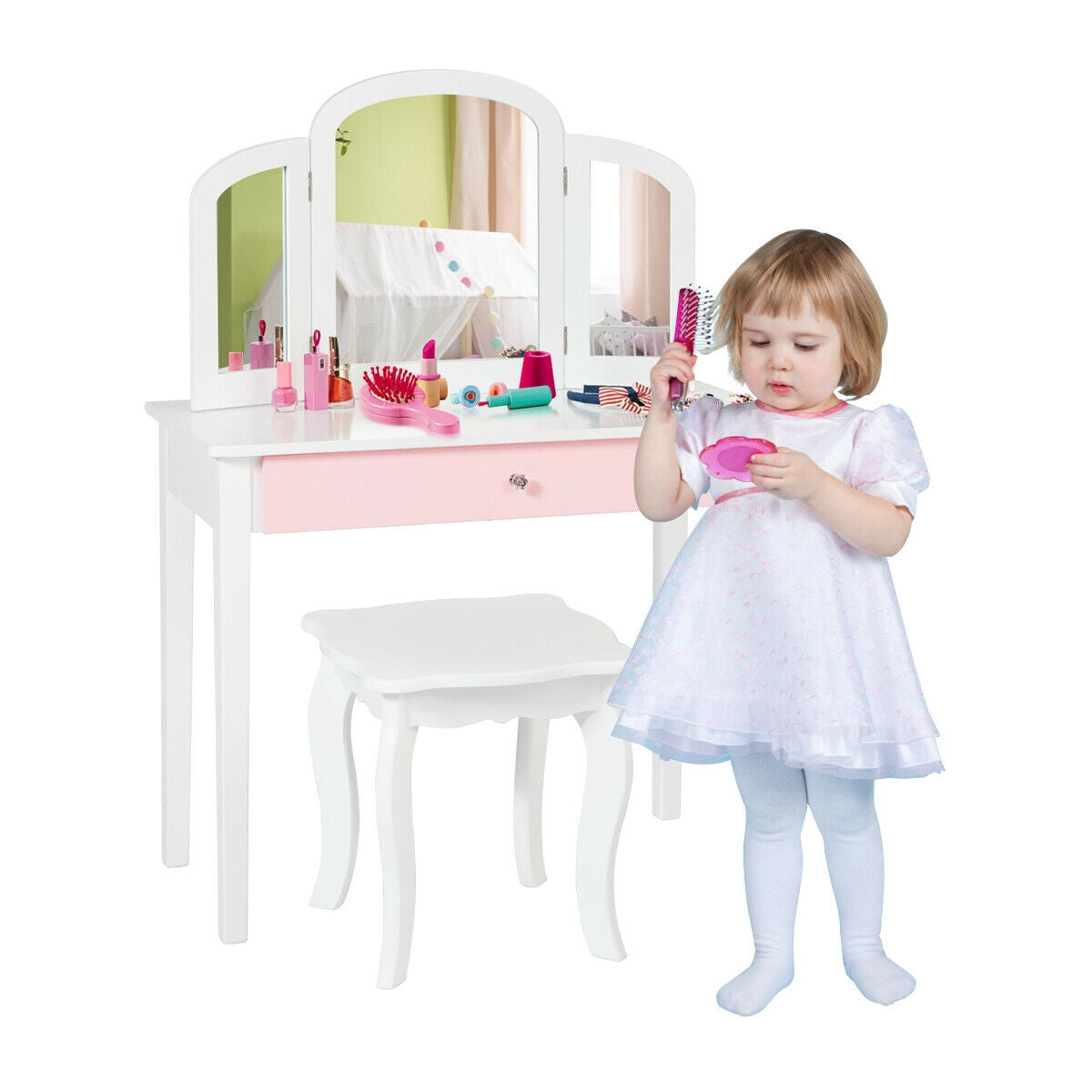 Kids Princess Makeup Dressing Table with Tri-Folding Mirror - White