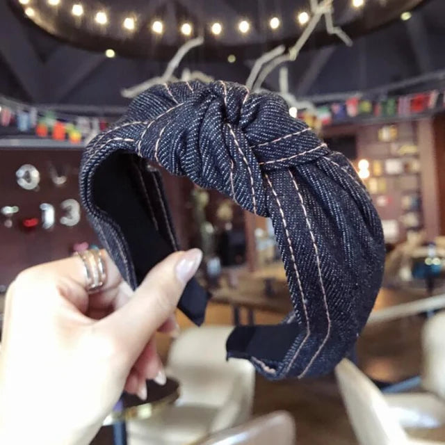 New Fashion Denim Hairband Wide Side Headband Center Knot Headwear Soft Turban Hair Accessories - Korvel