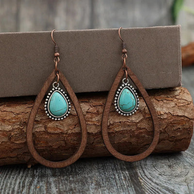 Wooden Turquoise Cutout Teardrop Earrings - Korvel