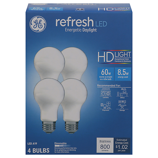 Bombilla LED GE Refresh HD, Luz Diurna, Base Media A19, Paquete de 4