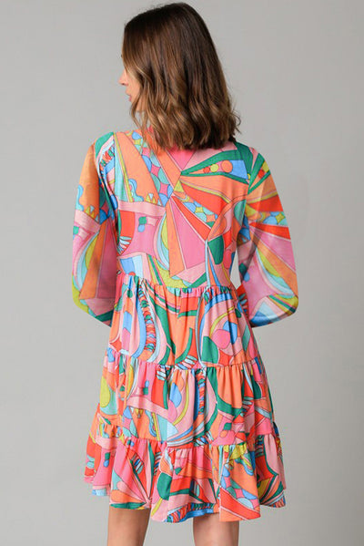Multicolored Printed Long Sleeve Tie Neck Mini Dress