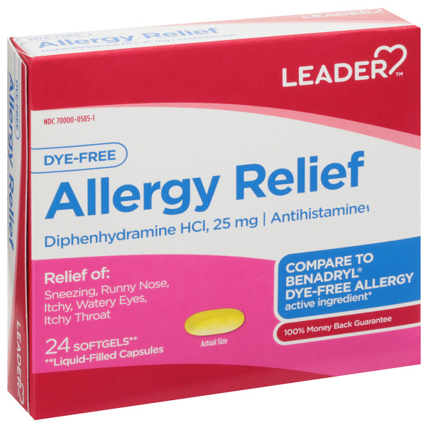 Leader Allergy Relief, Dye-Free Softgels with 25mg Diphenhydramine HCl