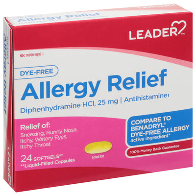 Leader Allergy Relief, Dye-Free Softgels with 25mg Diphenhydramine HCl