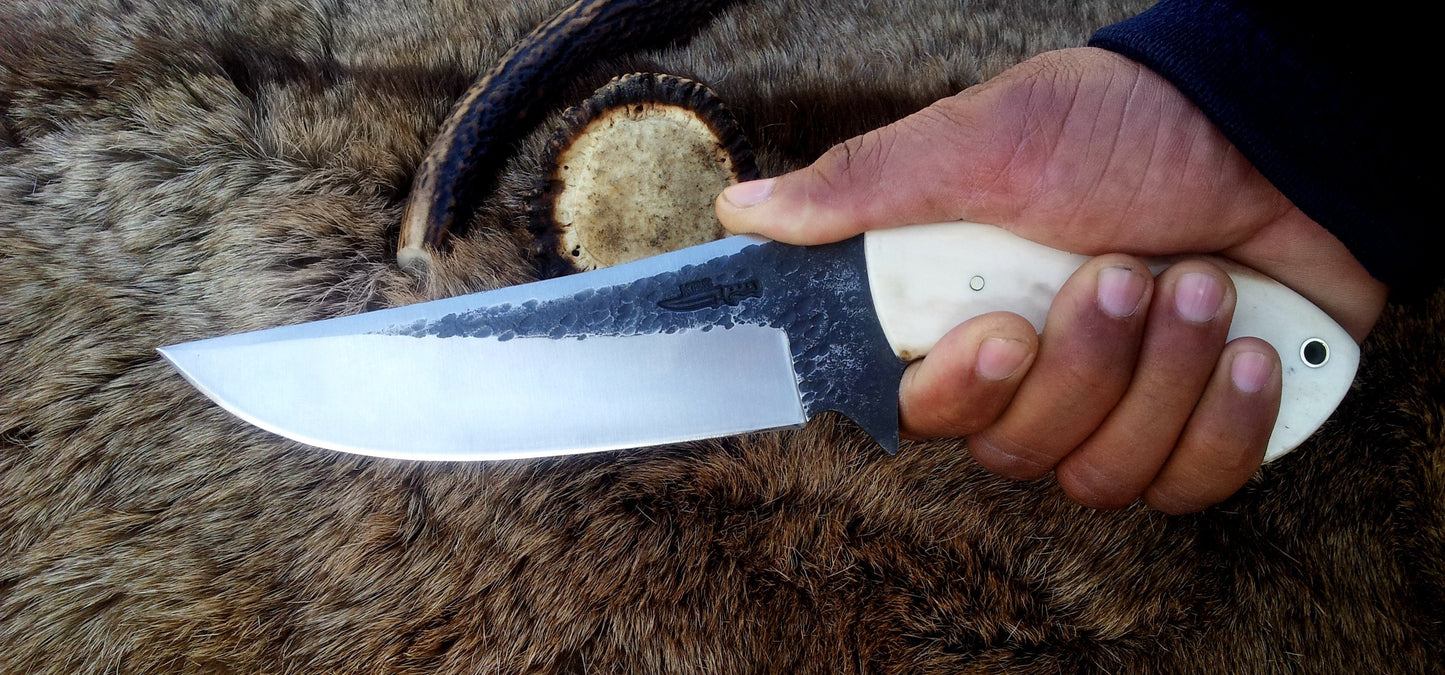 Premium Custom 1095 Hunting Knife | Elegant Camel Bone Handle & Brass Lanyard | 10.5" | Includes Leather Sheath | KBS Knives - Korvel