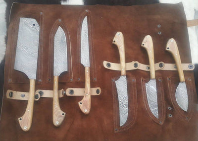 Artisan 6-Piece Damascus Steel Knife Collection with Buffalo Horn Handles for Game Processing - Korvel