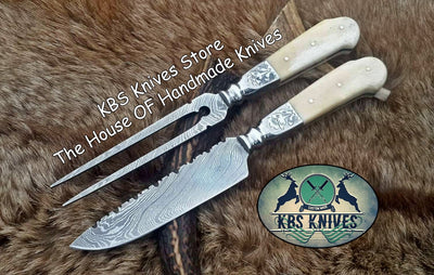 Artisan Crafted Damascus Steel BBQ Knife and Fork Set - Korvel