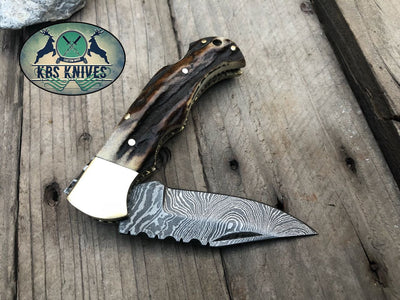 Exquisite Custom Handmade Damascus Steel EDC Folding Knife with Antler Handle - Korvel