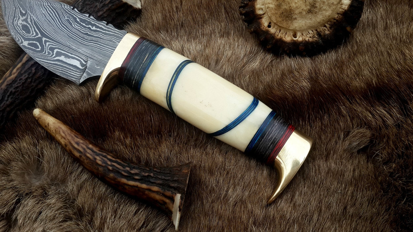 The Artisan's Edge: Premium Handmade Damascus Steel Hunting Knife | Camel Bone & Brass Details | 9 Inches | KBS Knives - Korvel