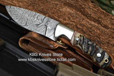 Artisan Damascus Steel Sheep Horn Hunting Knife - Custom Handmade - Korvel