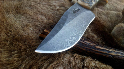 Premium Custom Damascus Hunting Knife | Full Tang Steel with Elegant Sheep Horn Handle | 9.5 Inches | Includes Leather Sheath | KBS Knives - Korvel