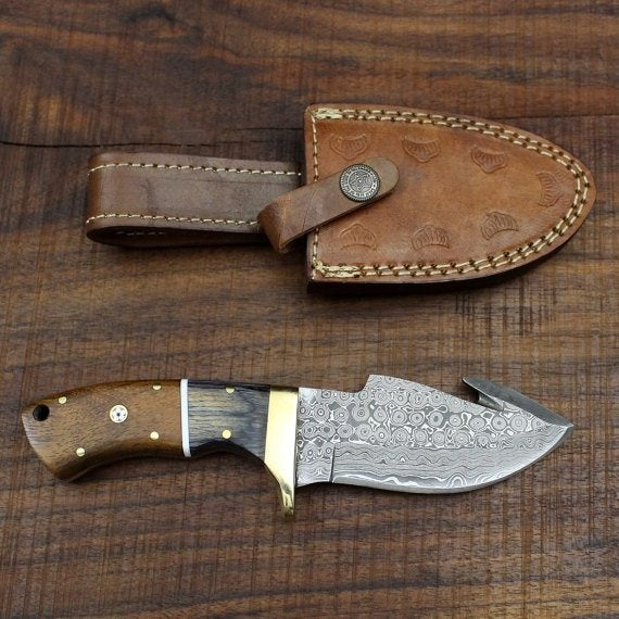 Premium Full Tang Handmade Damascus Steel Raindrop Guthook Skinning Knife - Korvel