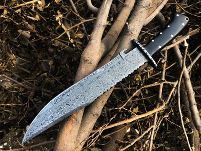 Premium Big Bowie Knife for Hunting | Full Tang Raindrop Damascus Blade | Micarta Handle & Damascus Guard | 17 Inches | Leather Sheath Inclu - Korvel