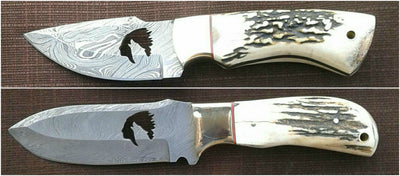 Artisan Crafted Deer Hunting Knife with Unique Wolf Damascus Blade - Korvel