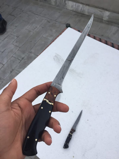 Exquisite Custom Damascus Steel Fillet Knife with Buffalo Horn & Rosewood Handle - 13" Length - Korvel