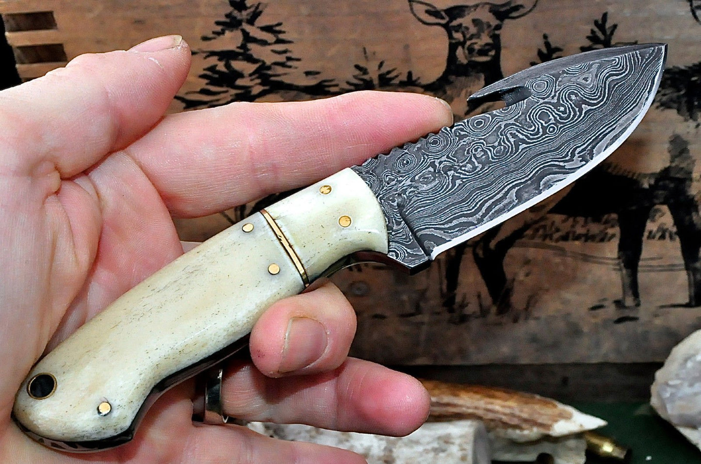 Artisan Crafted Damascus Steel Guthook Skinning Knife - Korvel