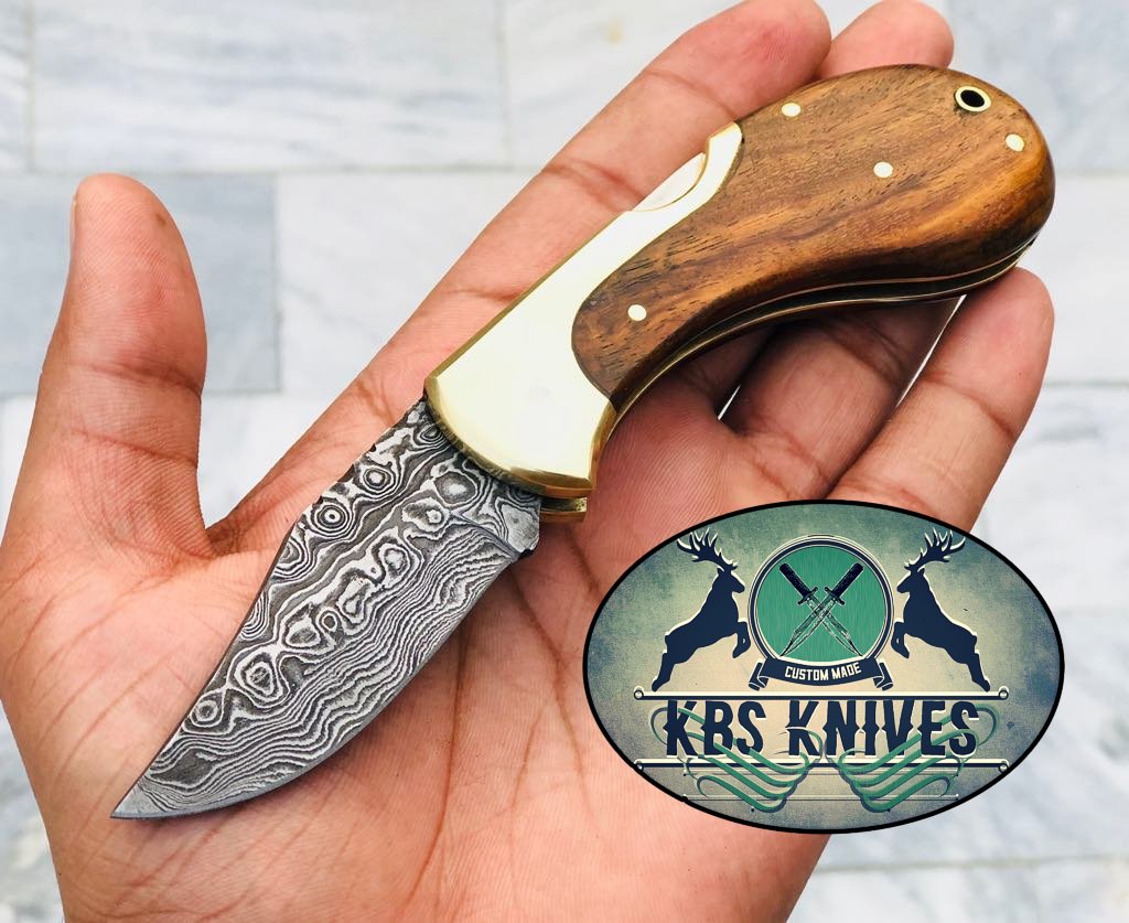 Exquisite Damascus Steel Folding Pocket Knife with Elegant Rosewood Handle - Korvel
