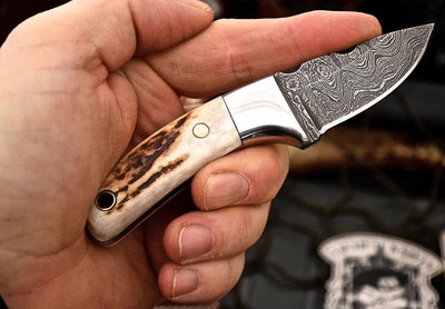Artisan Crafted Damascus Steel EDC Mini Knife with Antler Handle - Korvel