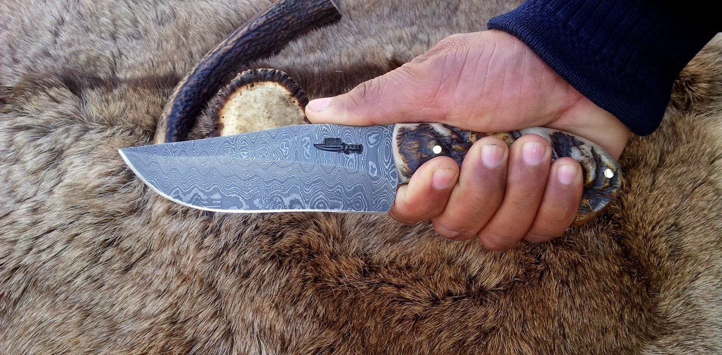 Premium Custom Damascus Hunting Knife | Full Tang Steel with Elegant Sheep Horn Handle | 9.5 Inches | Includes Leather Sheath | KBS Knives - Korvel