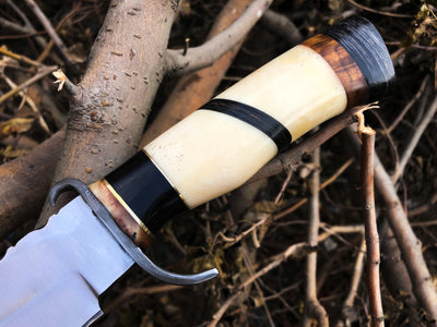 Premium Hunting Bowie Knife | D2 Steel Blade | Artistic Handle with Damascus Guard | 13 Inches | Leather Sheath Included | KBS Knives Store - Korvel