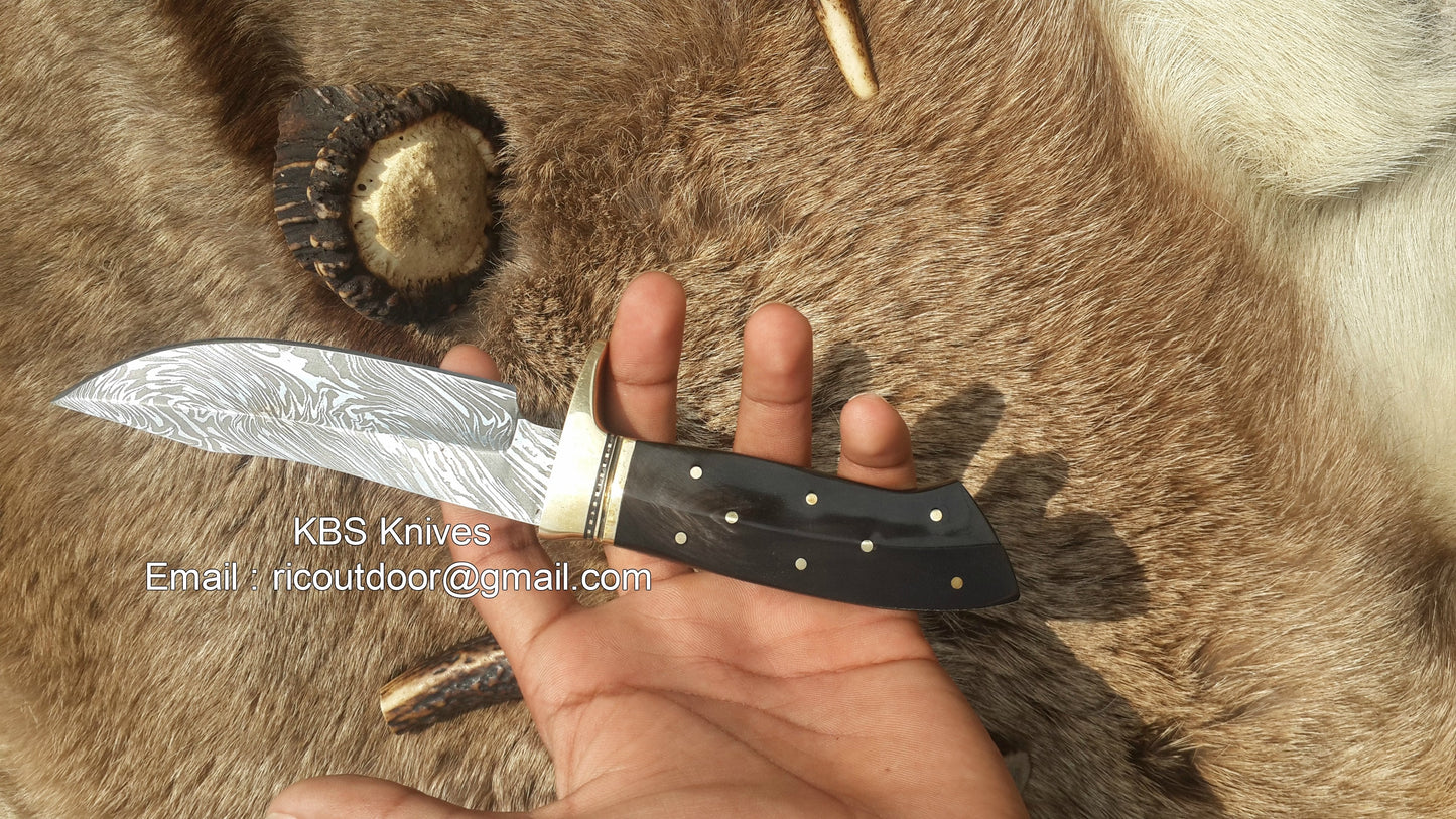 Premium 9-Inch Damascus Steel Hunting Knife with Buffalo Horn Handle & Brass Guard | KBS Knives - Korvel