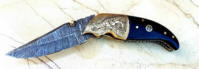 Artisan Crafted Damascus Steel Folding Knife with Buffalo Horn Handle - Korvel
