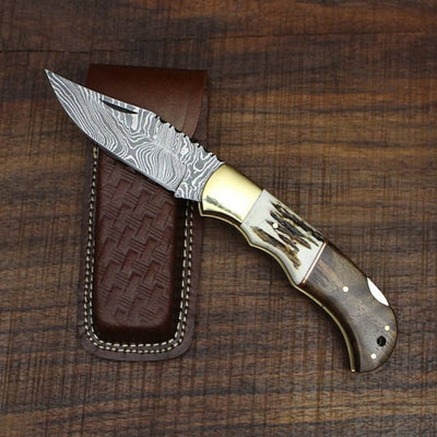 Premium Damascus Steel Folding Knife with Stag Horn Handle - Korvel