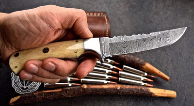 Premium Damascus Steel Hunting Knife with Camel Bone Handle - Korvel